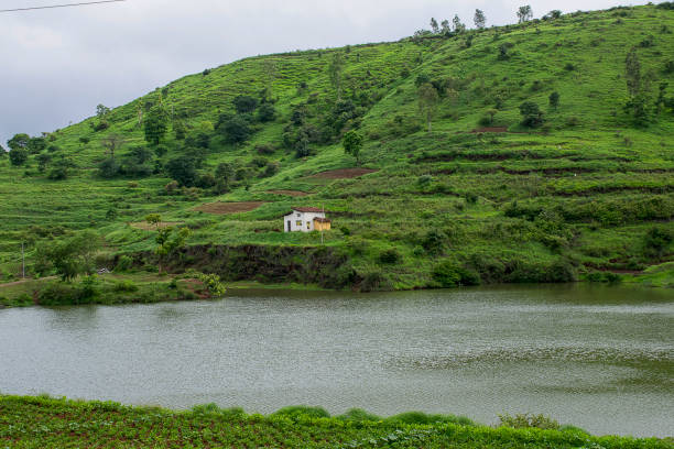 Stock photo of a scenic view of a slops of mountain range covered with green cultivation land and white painted house located in the middle of the mountain range.Water lake flowing around the mountain